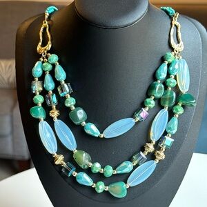 Beautiful Green Triple Strand Agate, Crystal & Opalite Necklace